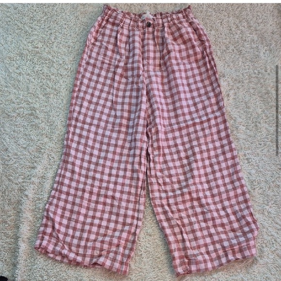 LOU & GREY Wide Leg Gingham Trousers S Pink+Brown 100% Linen check Pull On Pants - Picture 3 of 6